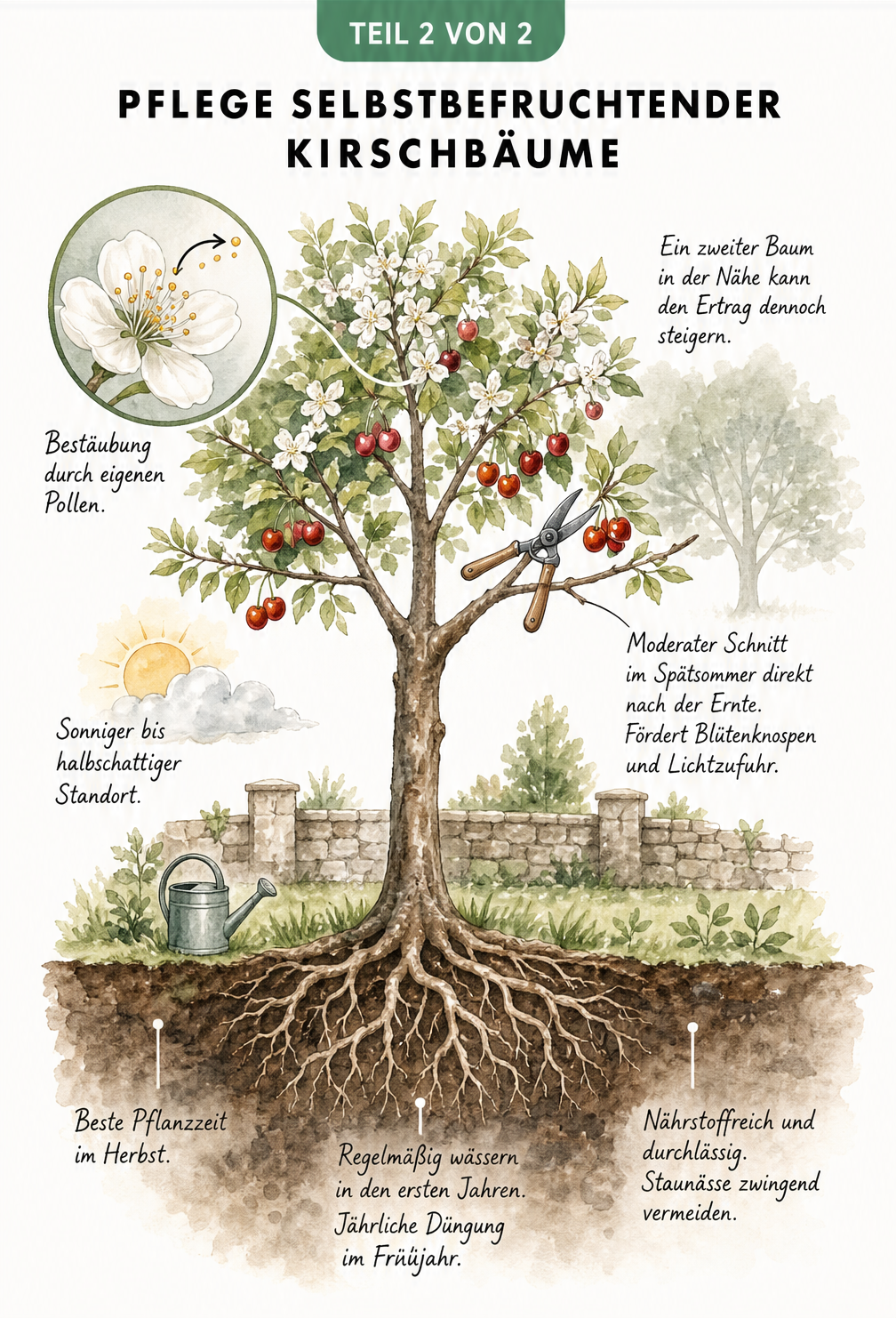 Illustration eines Kirschbaums im Garten mit Pflegetipps zu Standort, Schnitt, Pflanzung und Bestäubung.