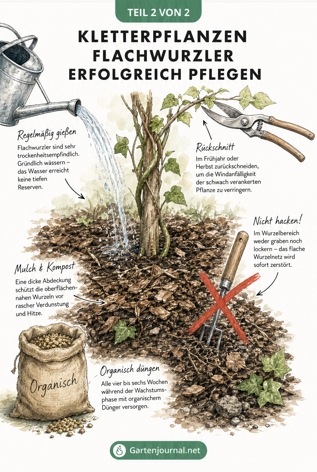 Illustration zur Pflege von Kletterpflanzen-Flachwurzlern mit Rindenmulch, Gießkanne und Gartenschere
