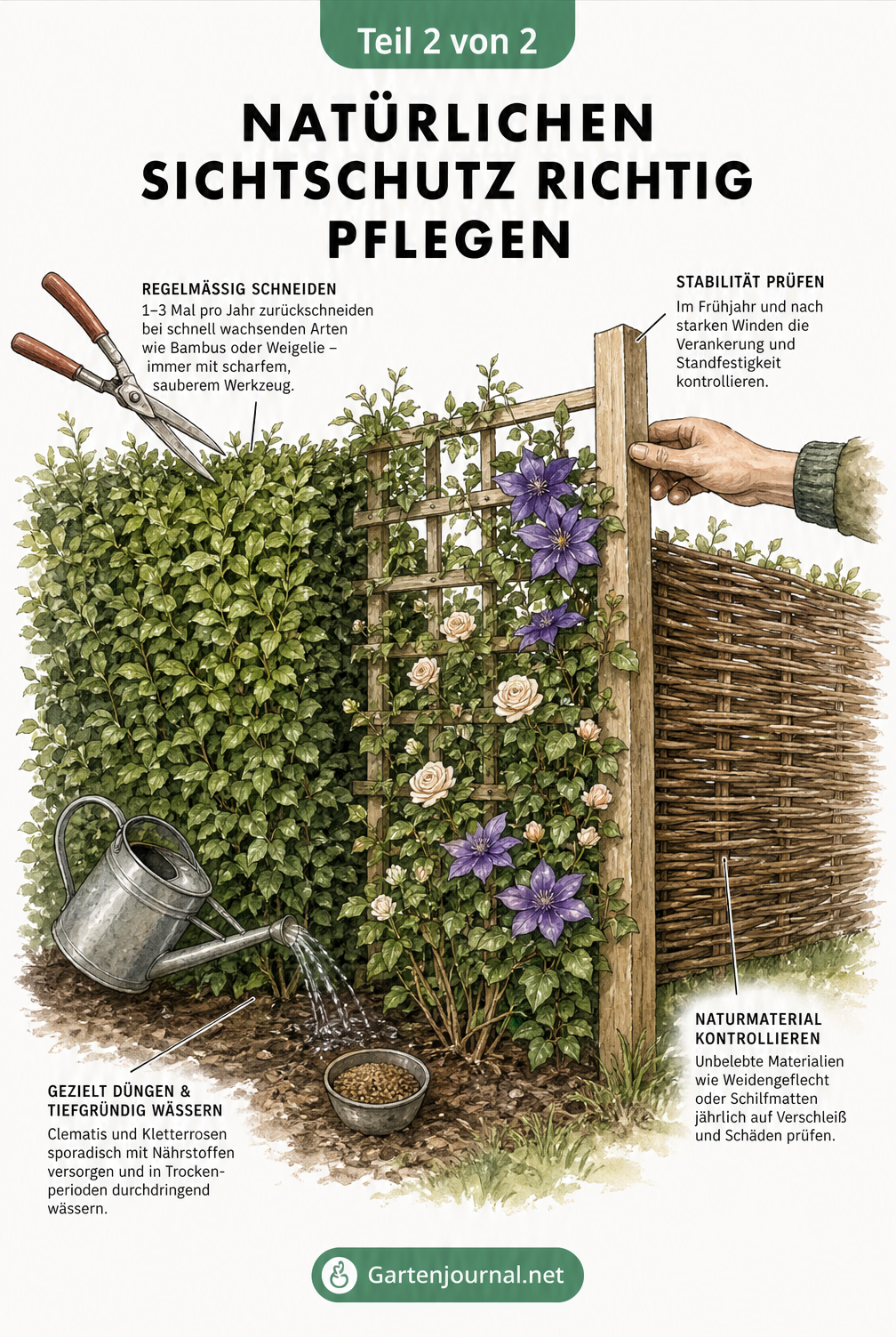Illustration zur Pflege eines natürlichen Sichtschutzes mit Astschere, Stabilitätsprüfung und Bewässerung