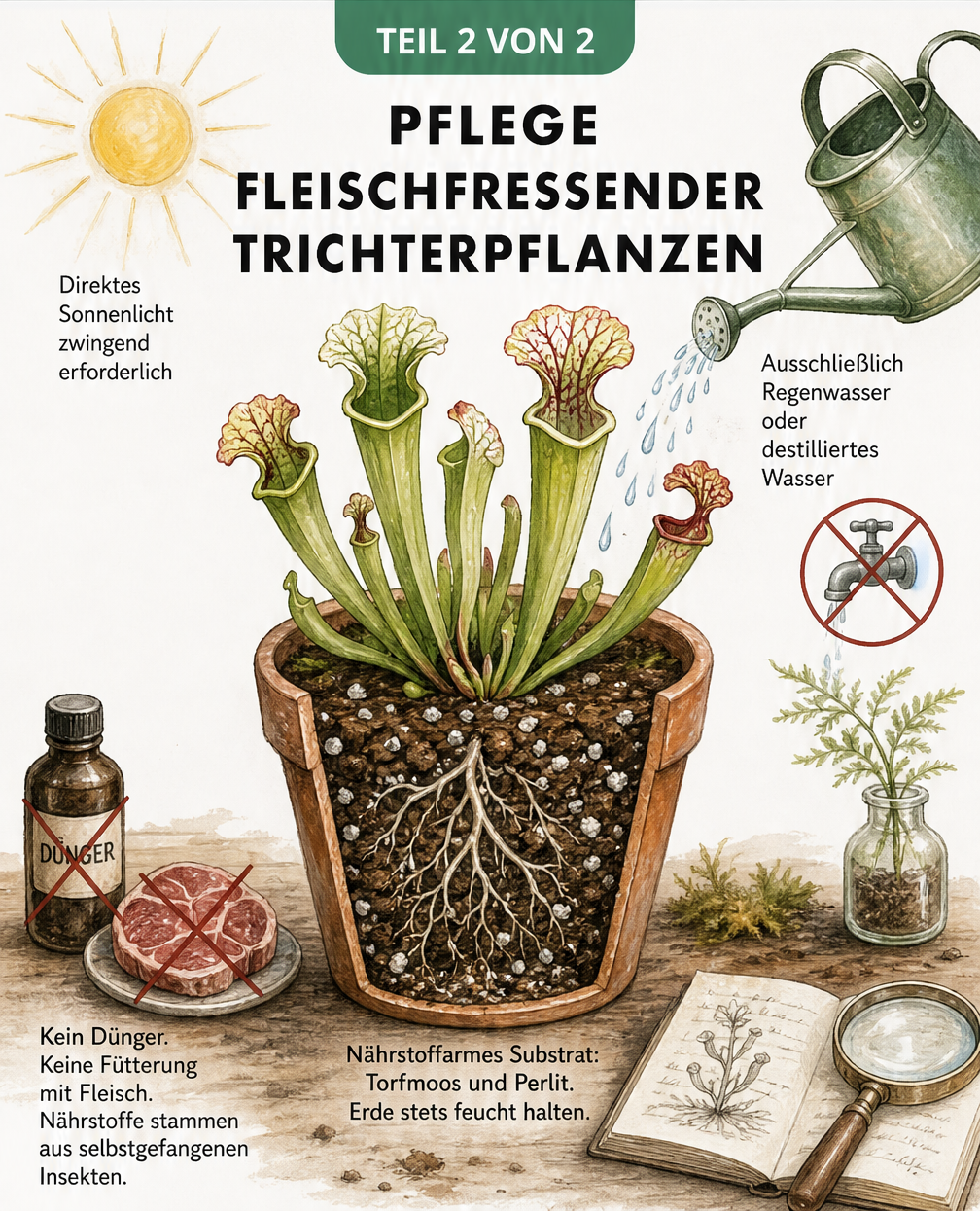 Pflegehinweise für Schlauchpflanzen mit Sonne, Regenwasser und nährstoffarmem Substrat