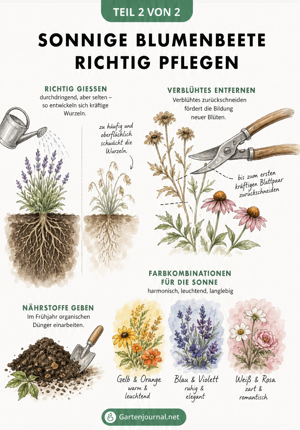 Botanische Skizze zur Pflege sonniger Beete, die tiefes Wurzelwachstum durch seltenes Gießen, das Schneiden verblühter Stauden und Farbkombinationen zeigt.