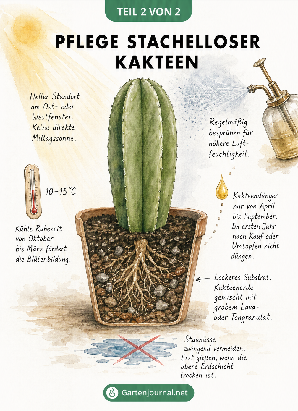 Schnittzeichnung eines eingetopften Cuddly Kaktus mit Hinweisen zu Substrat, Gießen, Licht und Dünger