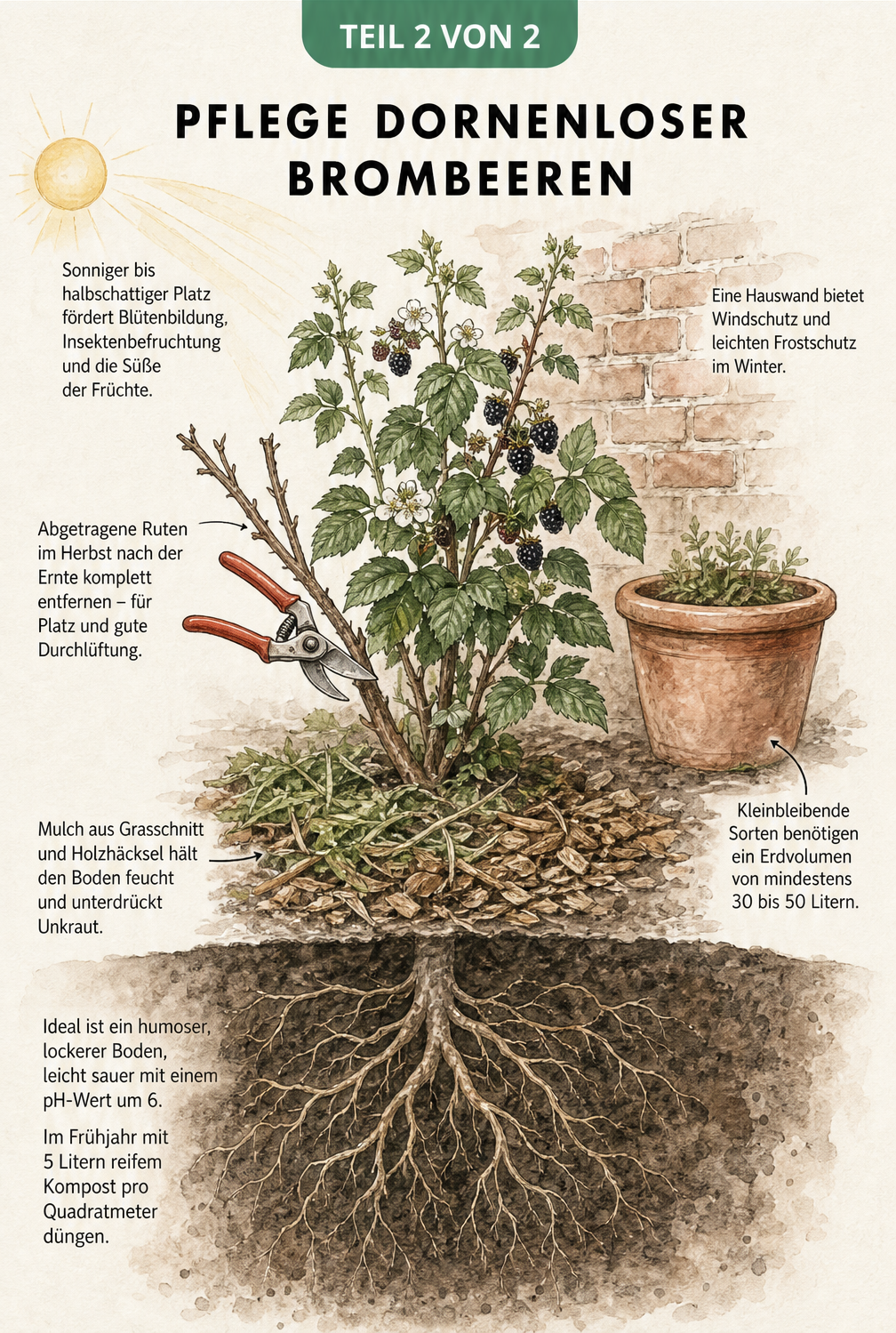 Querschnitt eines Brombeerbeets mit Tipps zu Standort, Schnitt, Mulchen und Bodenbeschaffenheit für dornenlose Brombeeren