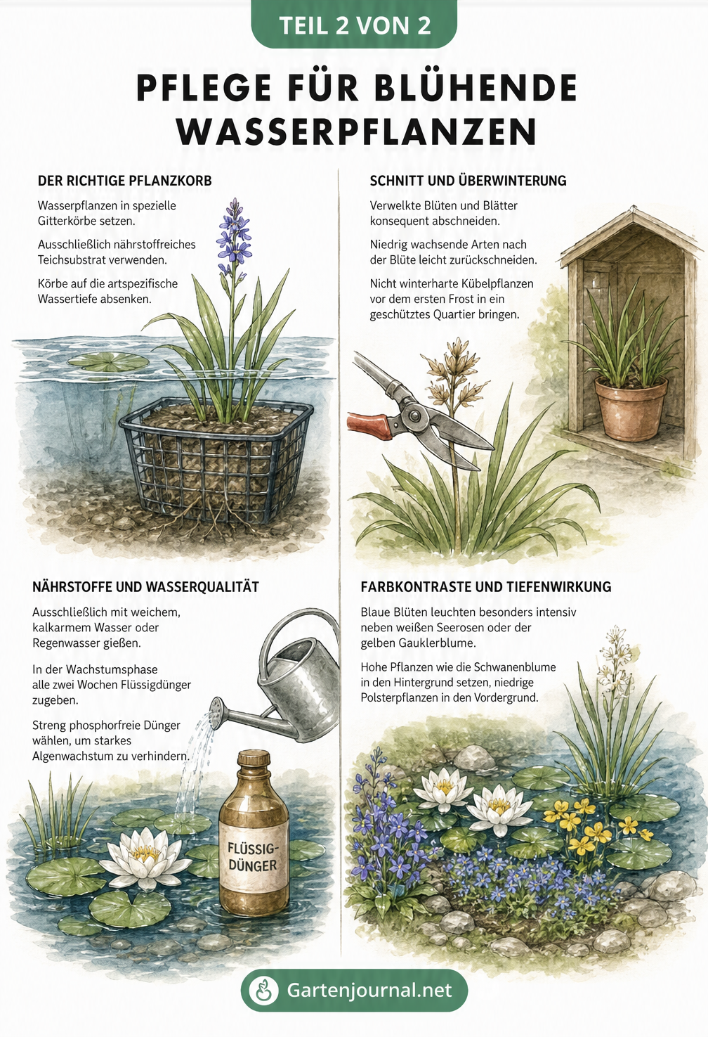 Pflegetipps für Wasserpflanzen: Pflanzkorb, Nährstoffe, Schnitt und Farbkontraste im Gartenteich
