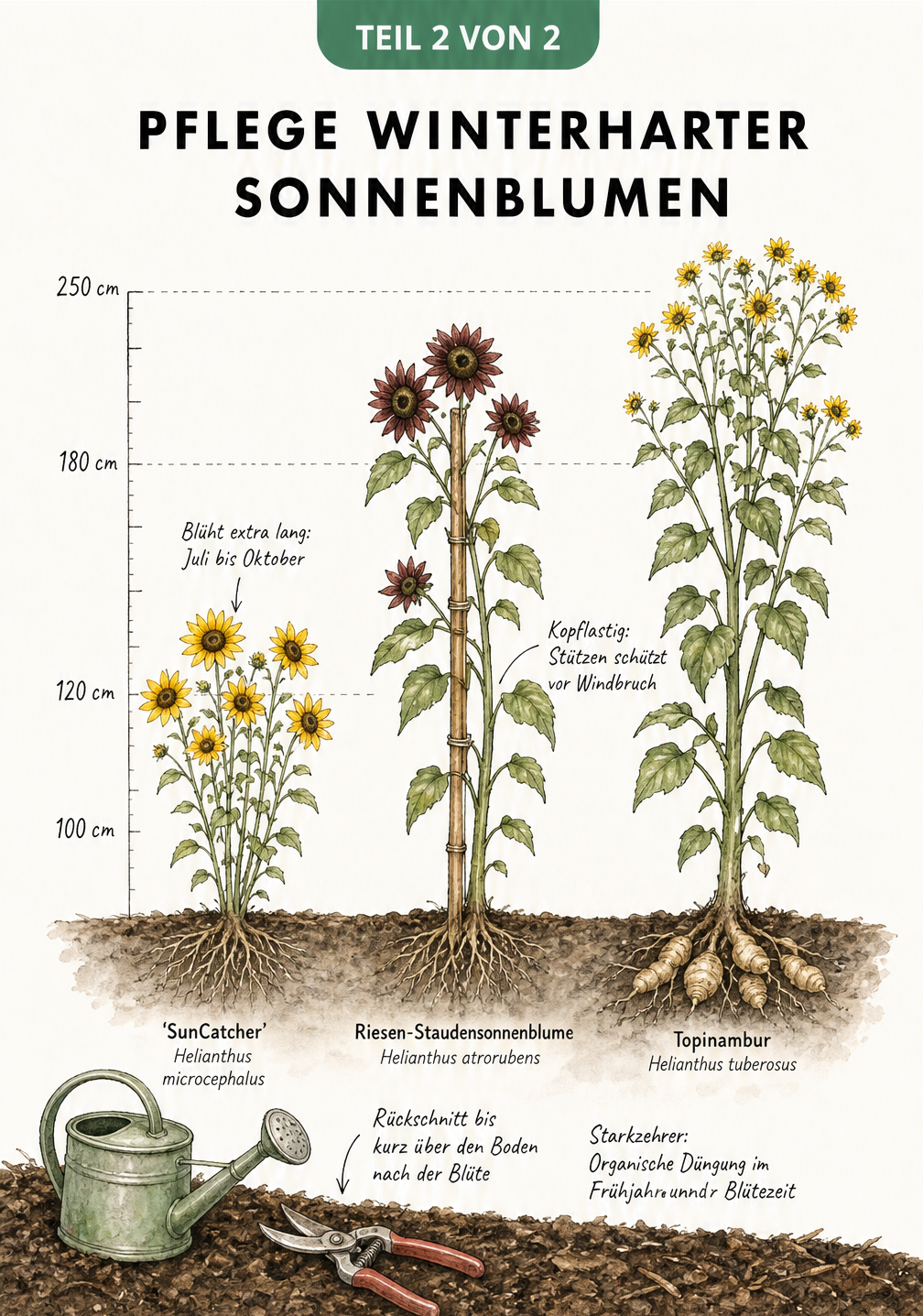 Wachstumsskala im Beet-Design mit drei winterharten Sonnenblumen-Sorten und Pflegetipps