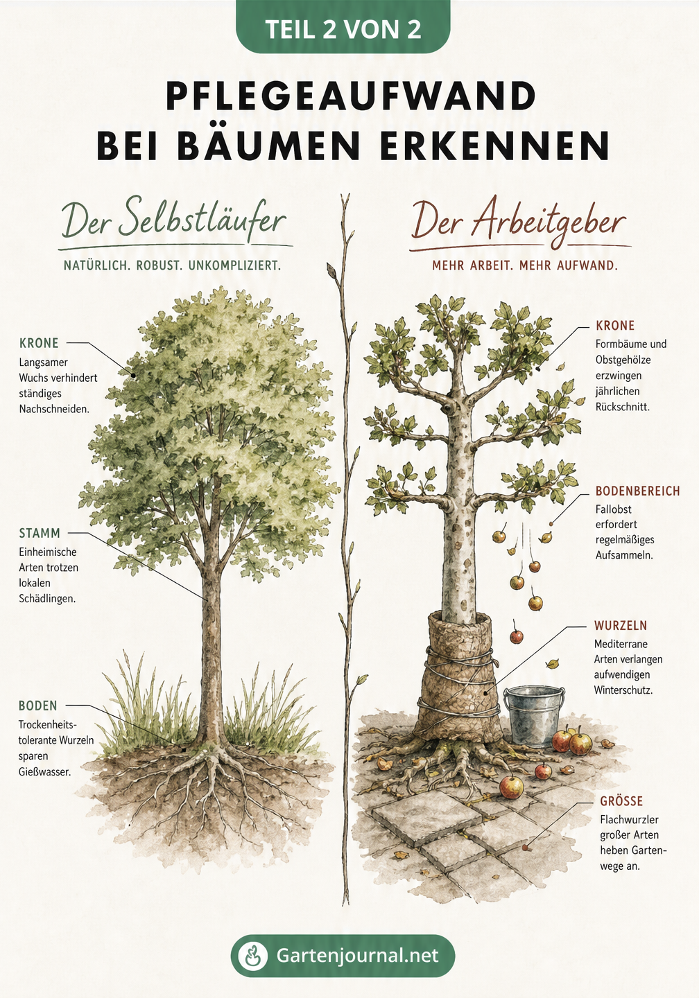 Vergleich zwischen einem pflegeleichten Laubbaum und einem arbeitsintensiven Formbaum mit Fallobst