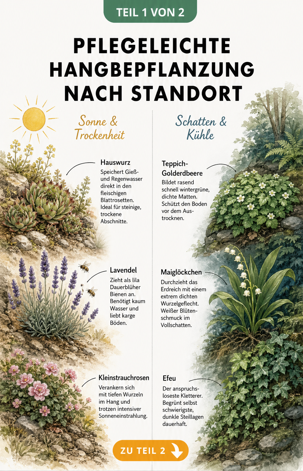Illustration von pflegeleichten Pflanzen für sonnige und schattige Hänge wie Hauswurz, Lavendel und Efeu