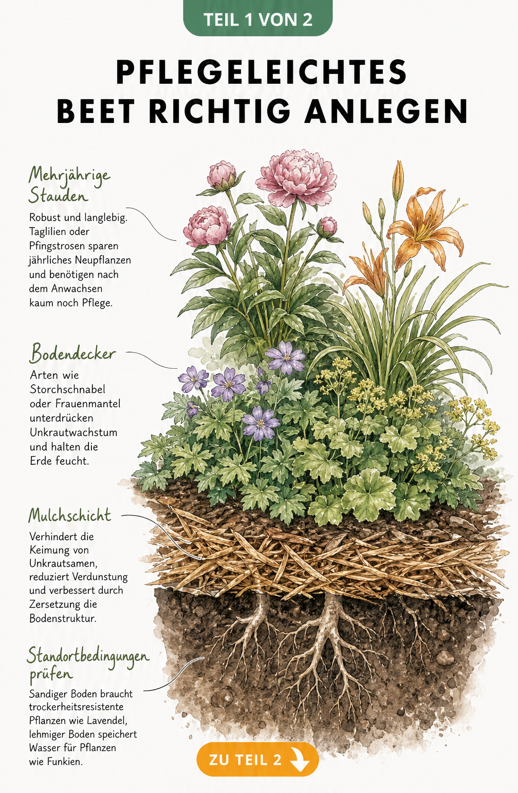 Querschnitt eines Gartenbeets mit Bodendeckern, Stauden und Mulchschicht