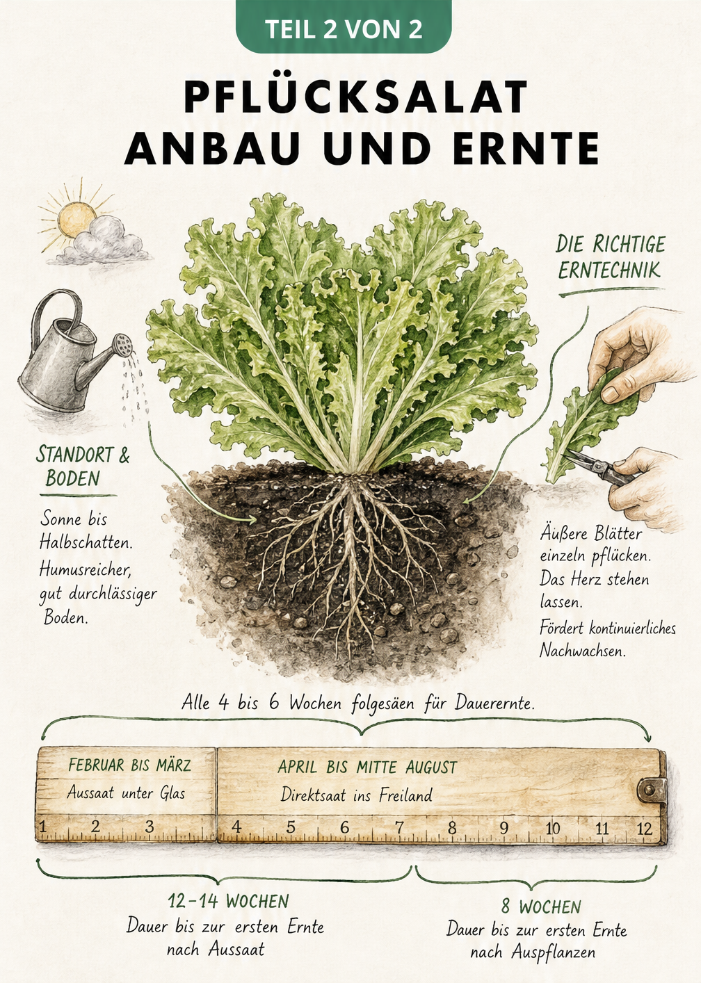Querschnitt einer Pflücksalat-Pflanze mit Wurzelwerk, Erntetechnik und Zeitstrahl für Aussaat und Ernte.