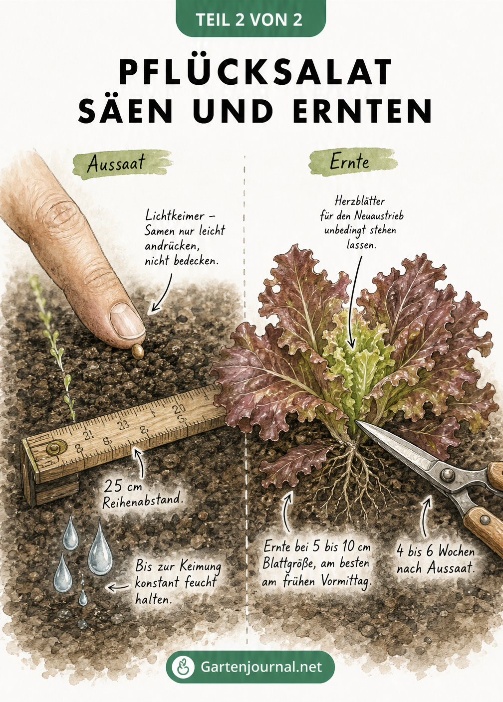 Nahaufnahme der Aussaat und Ernte von Pflücksalat: Samen leicht andrücken und äußere Blätter mit einer Gartenschere abschneiden.