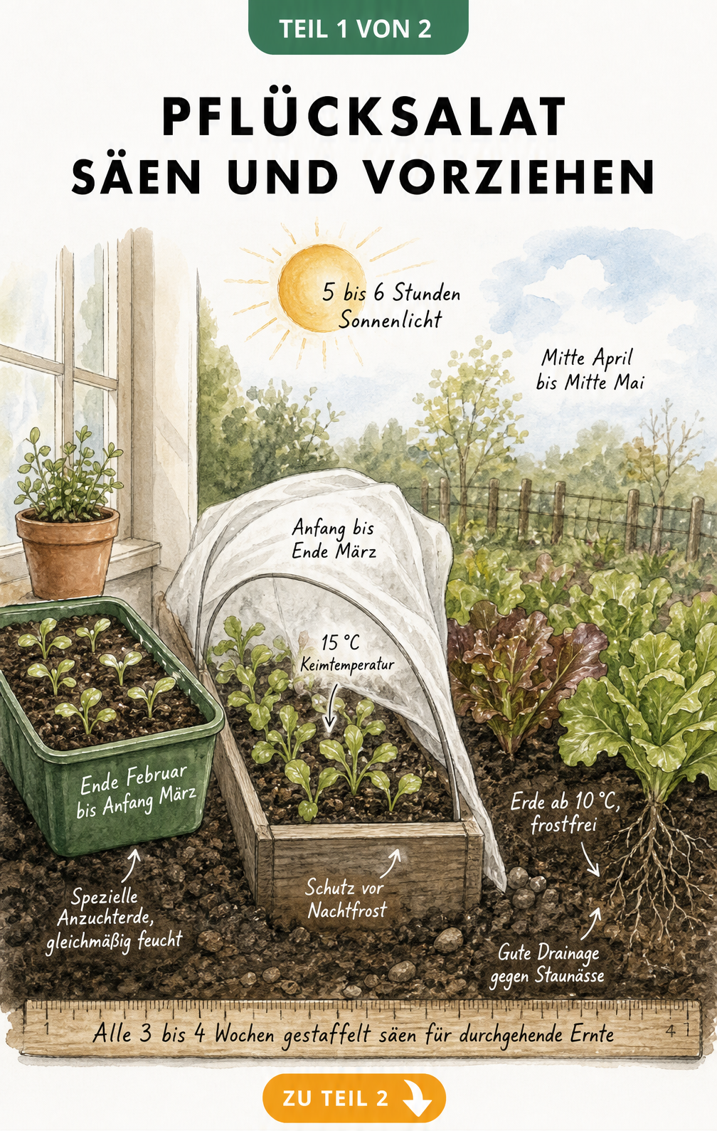 Illustration der drei Klimazonen für die Aussaat von Pflücksalat: Fensterbank, Frühbeet und Freilandbeet mit Temperaturangaben.