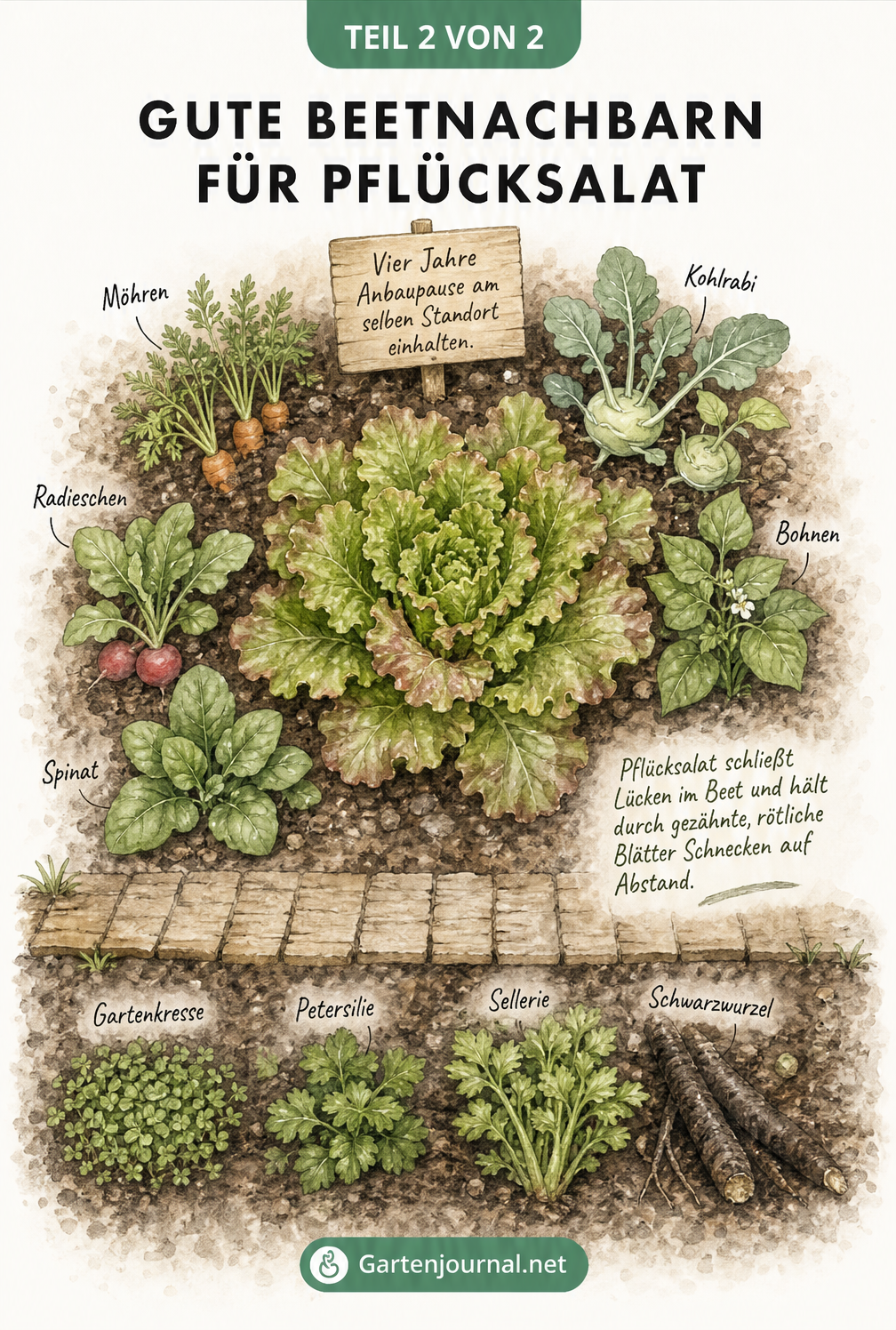 Gartenplan aus der Vogelperspektive mit Pflücksalat und guten Beetnachbarn wie Möhren, Kohlrabi und Bohnen