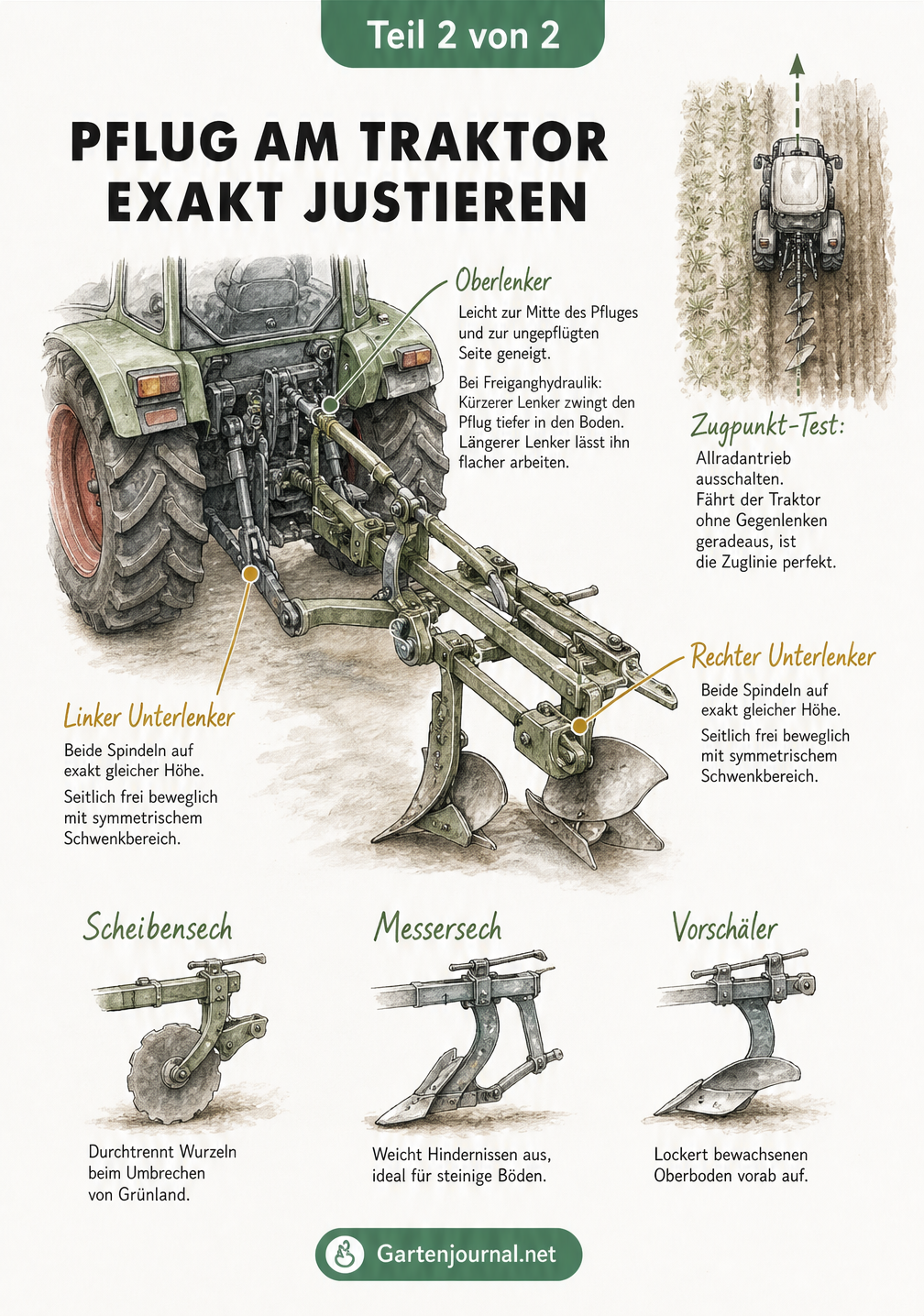Isometrische Zeichnung der Dreipunktaufnahme am Traktor mit Unterlenker, Oberlenker und Vorwerkzeugen wie Scheibensech und Vorschäler