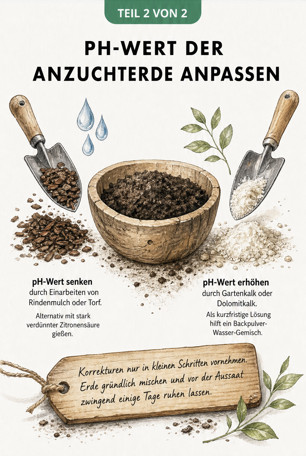 Zweigeteilte Skizze zur Anpassung des pH-Werts von Anzuchterde: Links Rindenmulch und Zitronensäure zum Senken, rechts Gartenkalk und Backpulver zum Erhöhen.