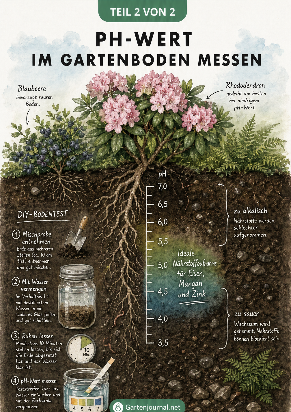 Querschnitt durch den Gartenboden mit Rhododendron und Blaubeeren, inklusive einer Skala für den idealen pH-Wert und einer Anleitung zum DIY-Bodentest