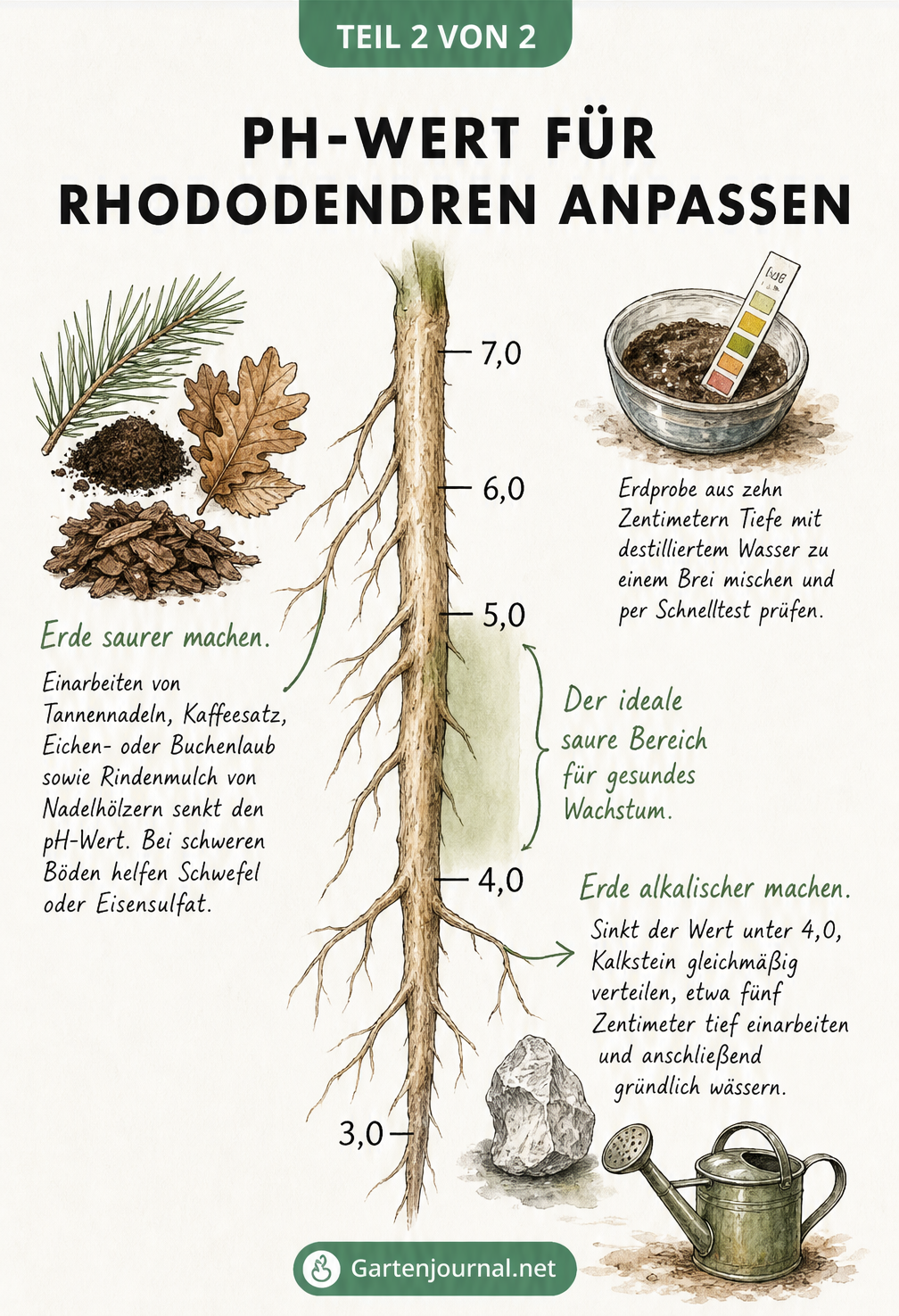 Skala an einer Pflanzenwurzel zeigt den idealen pH-Wert für Rhododendren zwischen 4,0 und 5,0 sowie Naturmaterialien zum Ansäuern.