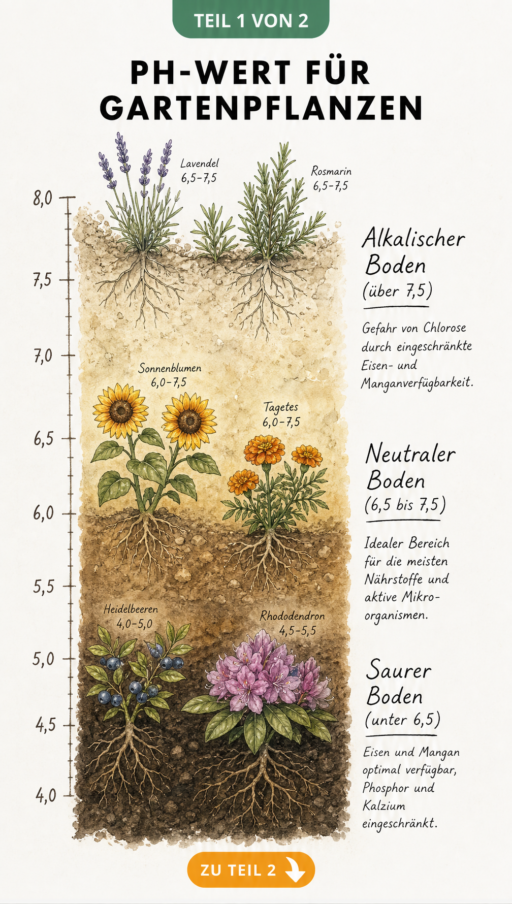 Illustration einer Erdschicht als pH-Wert-Skala mit Heidelbeeren, Sonnenblumen und Lavendel
