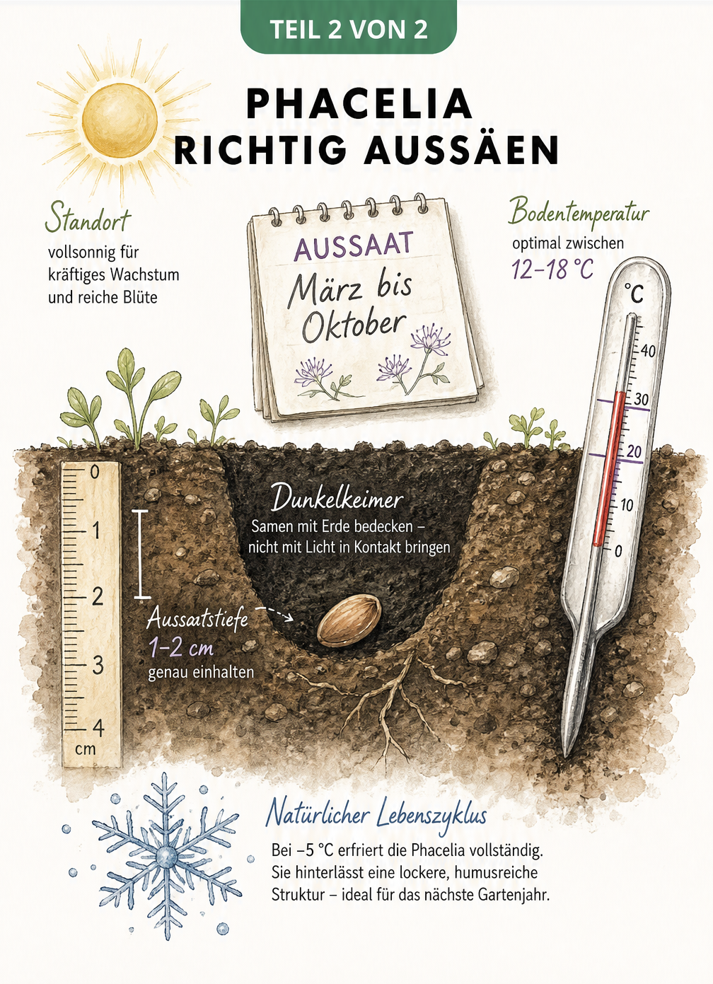 Skizze zur Aussaat von Phacelia mit Samenkorn im Boden, Maßband und Thermometer