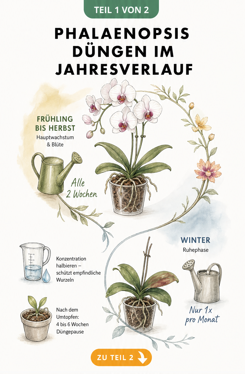 Jahresuhr zur Düngung von Phalaenopsis-Orchideen mit Hinweisen für Frühling bis Herbst und Winter