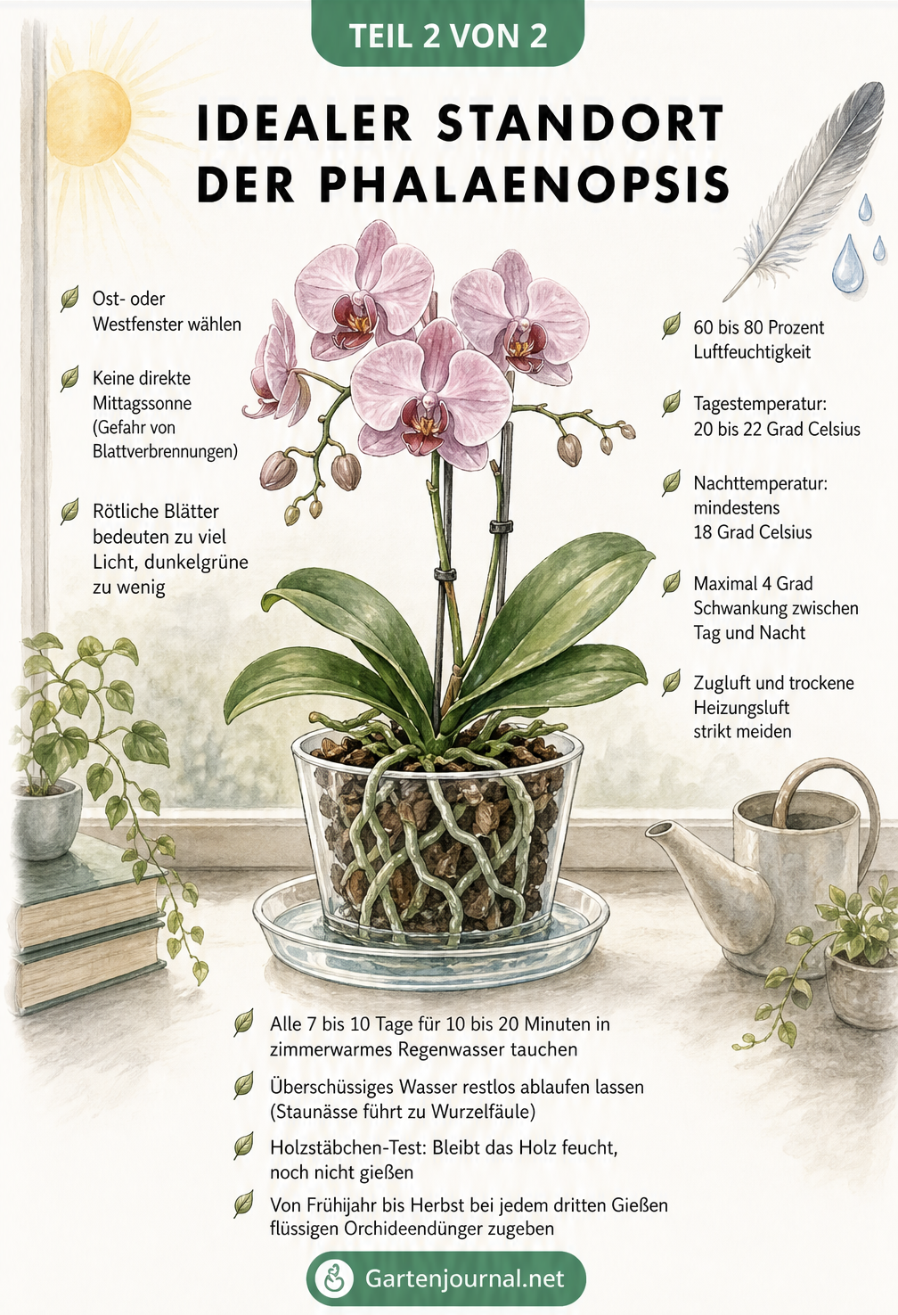 Querschnitt eines Wohnraums mit einer blühenden Phalaenopsis auf der Fensterbank und Tipps zu Standort, Klima und Gießen
