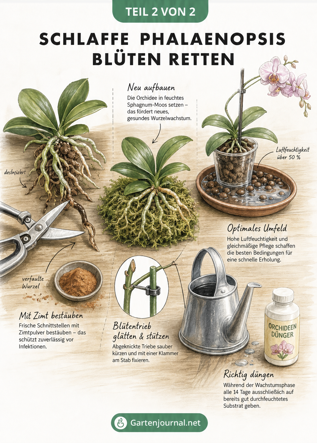 Illustration zur Rettung einer Orchidee: Verfaulte Wurzeln abschneiden, Schnittstellen mit Zimt bestäuben und in frisches Sphagnum-Moos setzen