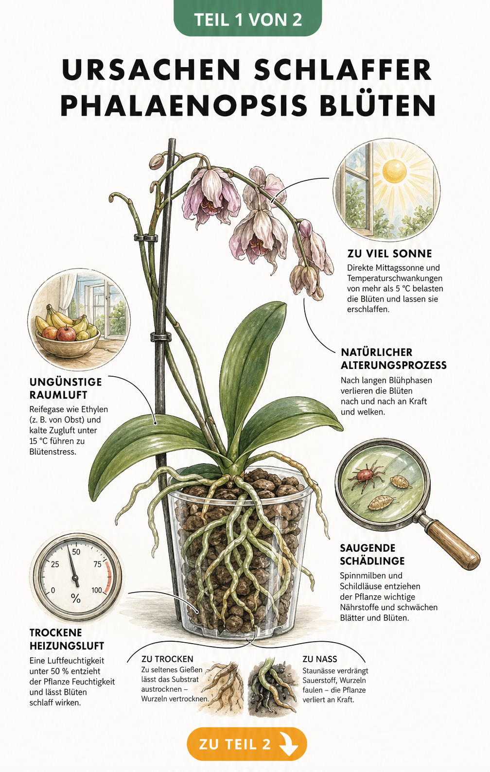 Illustration einer Phalaenopsis-Orchidee mit hängenden Blüten, die Ursachen wie direkte Sonne, Zugluft, Schädlinge und falsches Gießen zeigt
