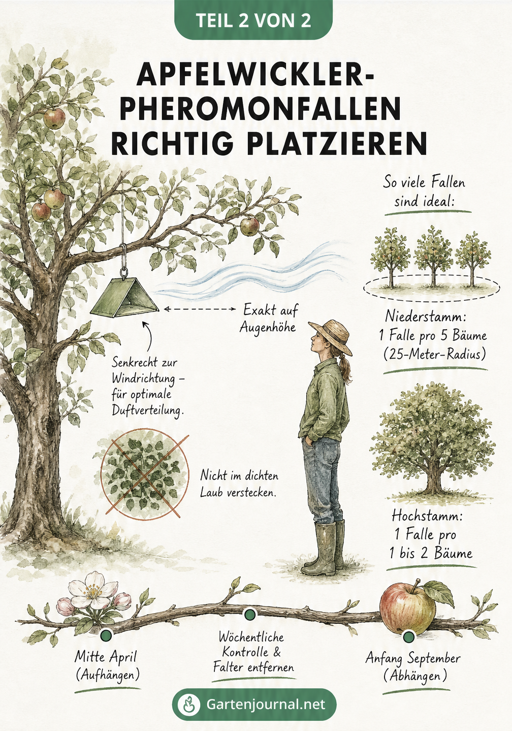 Skizze eines Apfelbaums mit einer Pheromonfalle auf Augenhöhe und Hinweisen zur Platzierung