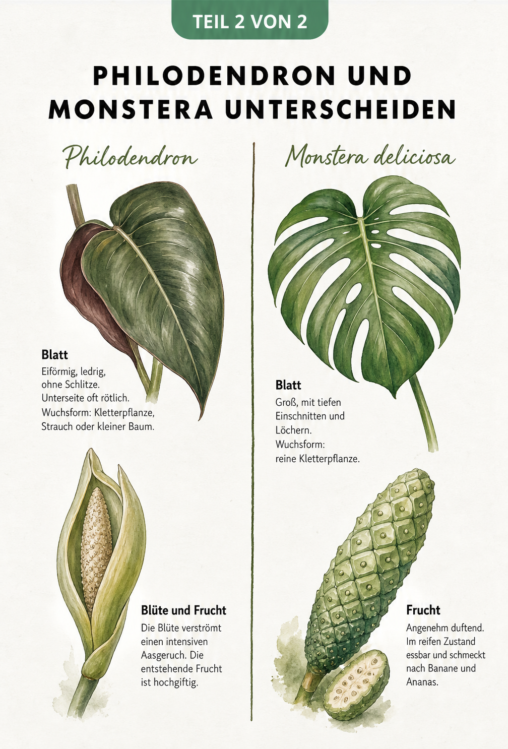 Gegenüberstellung von Philodendron und Monstera deliciosa mit Illustrationen von Blättern, Blüten und Früchten