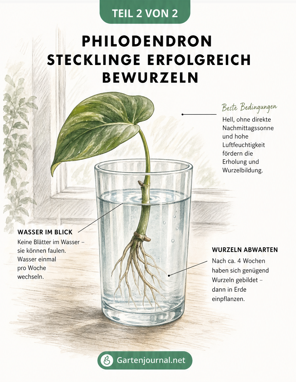 Illustration eines Philodendron-Stecklings im Wasserglas mit feinen Wurzeln und Pflegehinweisen