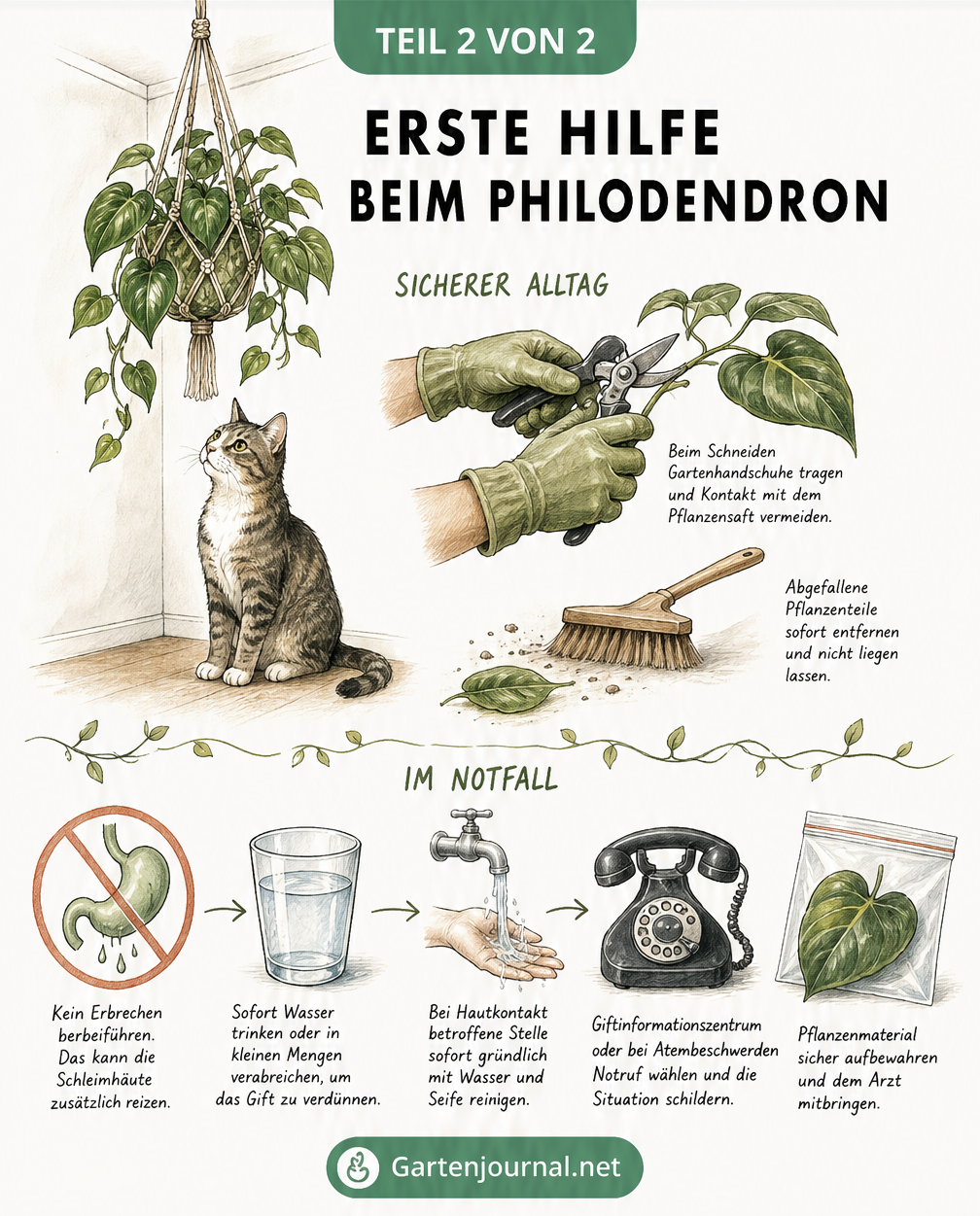 Illustration zur sicheren Platzierung eines Philodendrons und Erste-Hilfe-Maßnahmen bei einer Vergiftung
