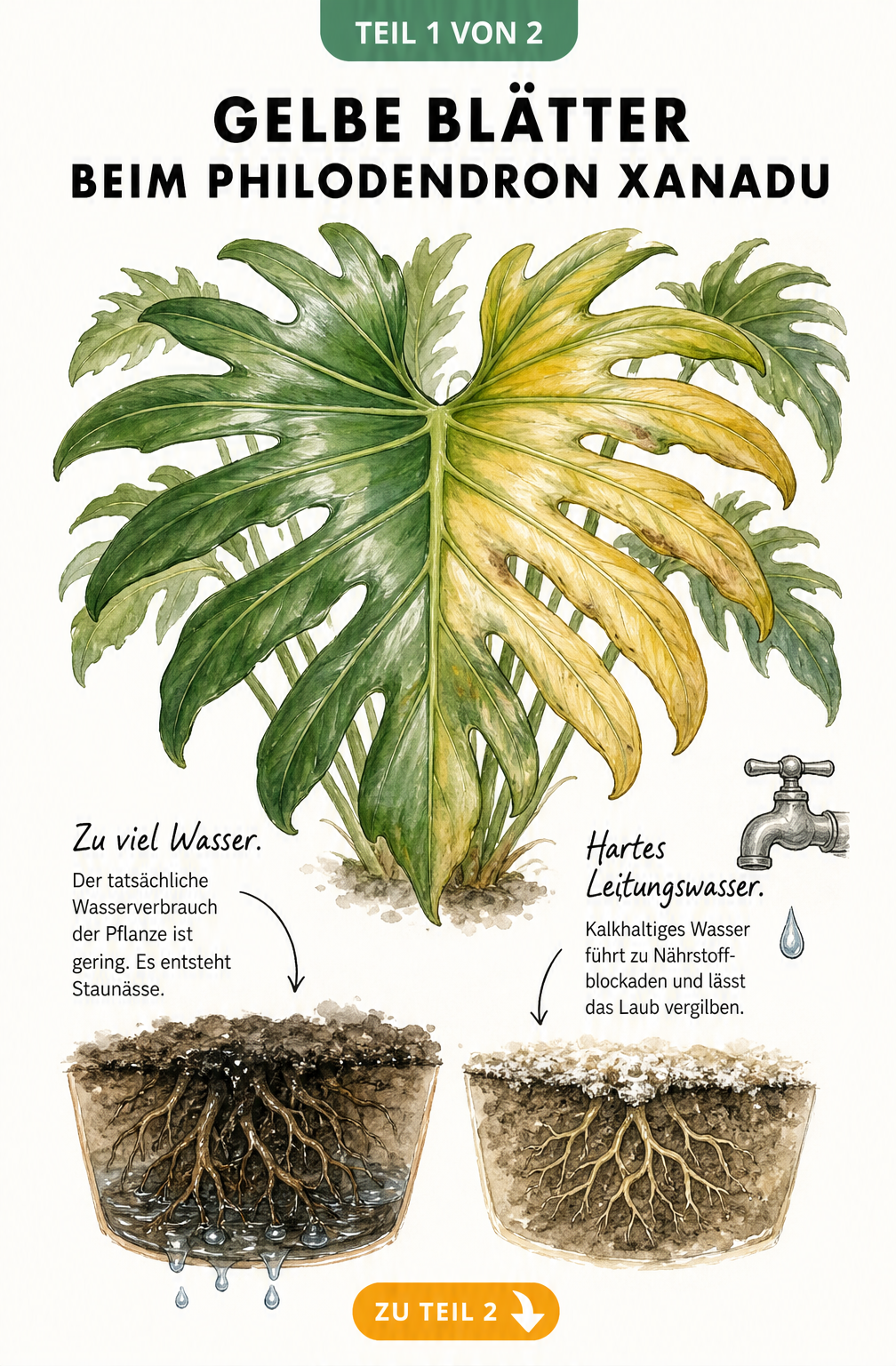 Illustration eines Philodendron Xanadu Blattes mit Farbverlauf von grün zu gelb und Querschnitten von nasser Erde und kalkhaltiger Erde