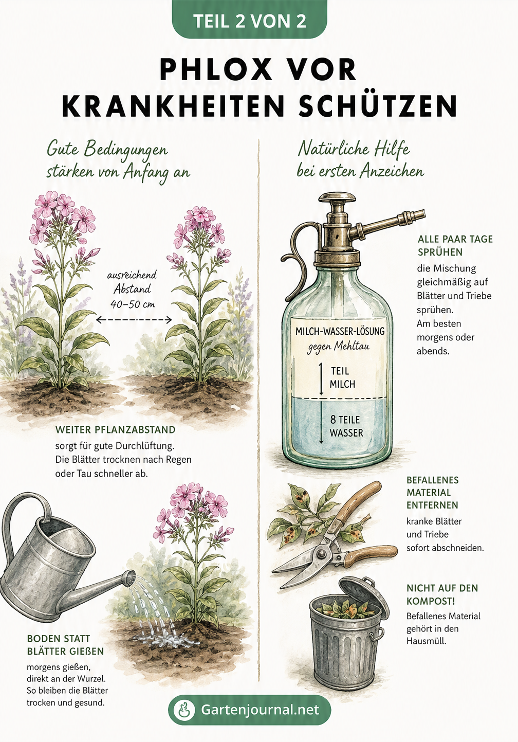 Illustration zur Vorbeugung und Bekämpfung von Phlox-Krankheiten mit Gießkanne, Pflanzabstand und Milch-Wasser-Lösung