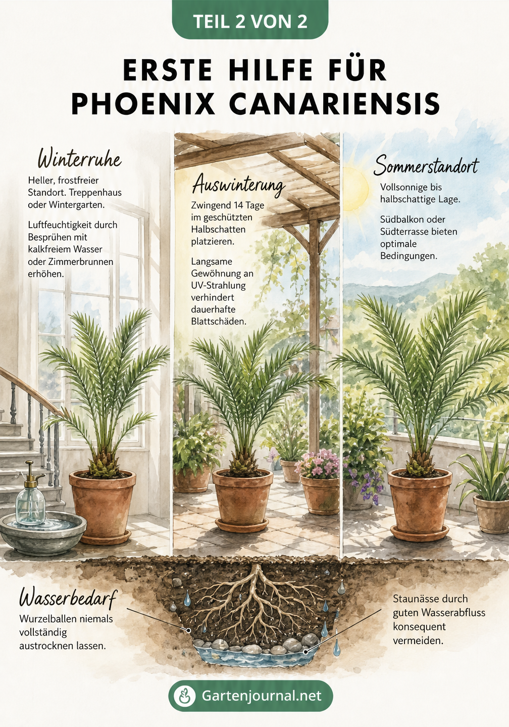 Illustration des idealen Jahreszyklus einer Kanarischen Dattelpalme mit Winterquartier, Frühlingsübergang und Sommerstandort