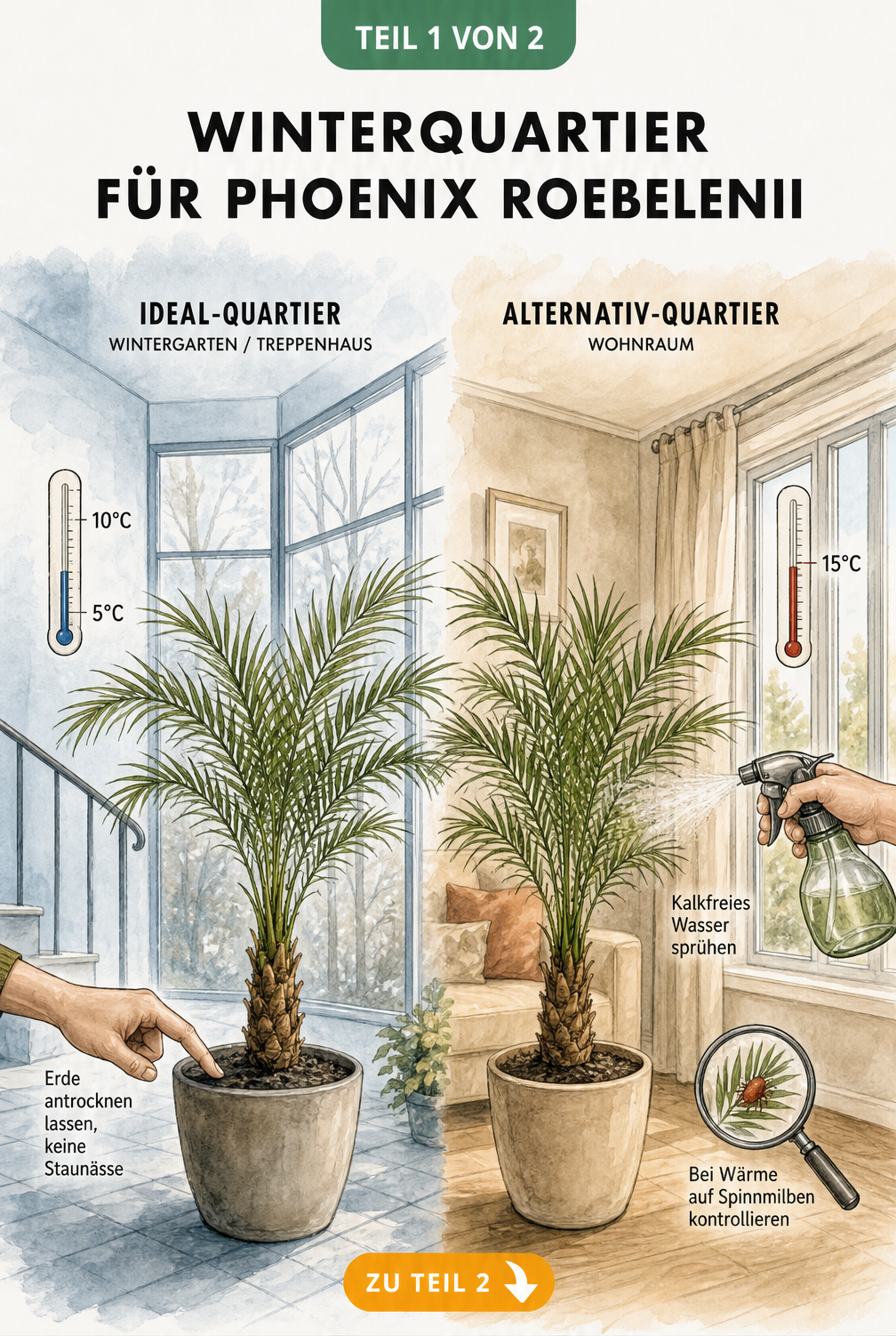 Illustration zweier Überwinterungsquartiere für die Phoenix roebelenii: kühler Wintergarten und warmer Wohnraum im Vergleich