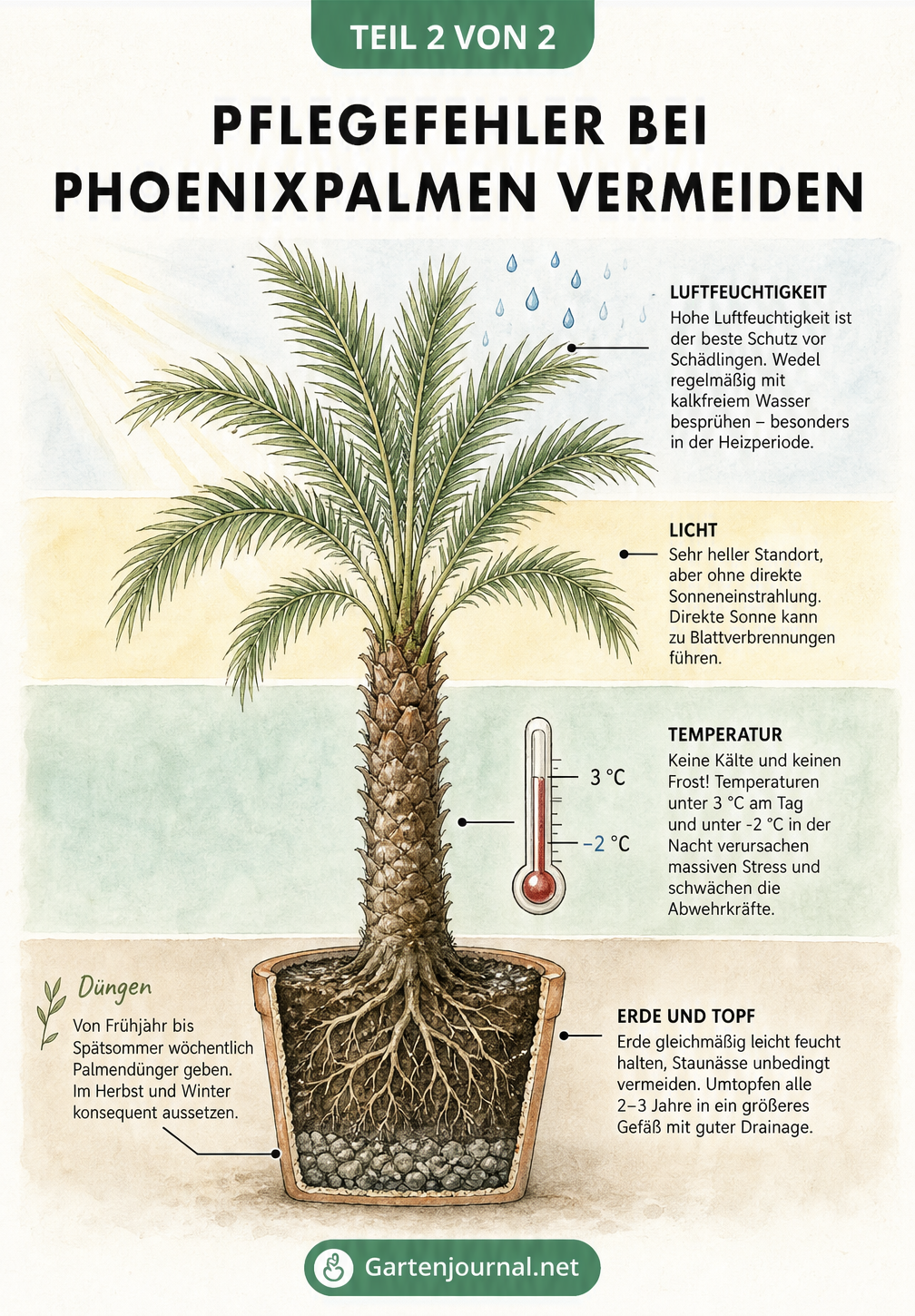 Schnittzeichnung einer Phoenixpalme im Topf mit Pflegehinweisen zu Erde, Temperatur, Licht und Luftfeuchtigkeit.
