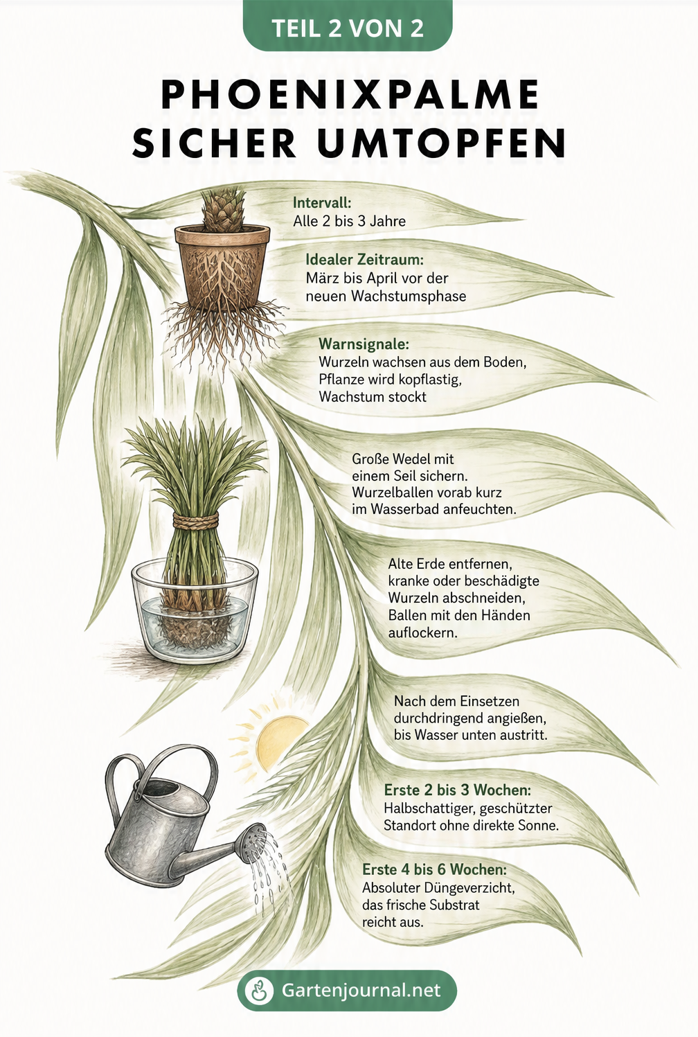 Illustration eines Palmwedels mit Tipps zum Umtopfen der Phoenixpalme, inklusive Intervall, Vorbereitung und Eingewöhnung.