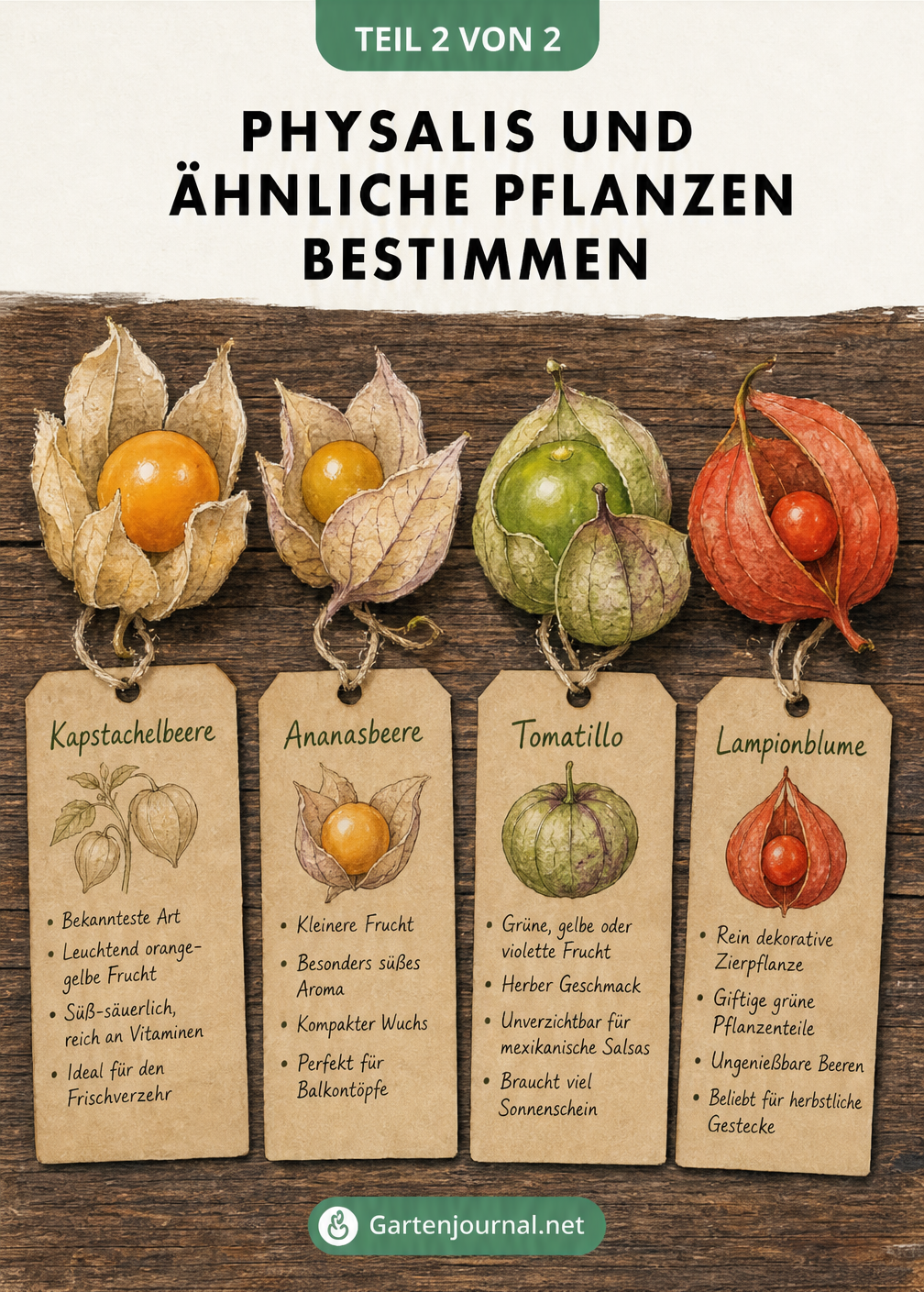 Illustration von vier verschiedenen Physalis-Arten und der Lampionblume mit ihren Eigenschaften auf kleinen Etiketten
