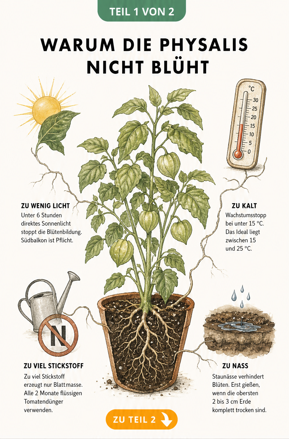 Illustration einer Physalis-Pflanze ohne Blüten mit vier Störfaktoren: Lichtmangel, falsche Temperatur, zu viel Stickstoff und Staunässe.