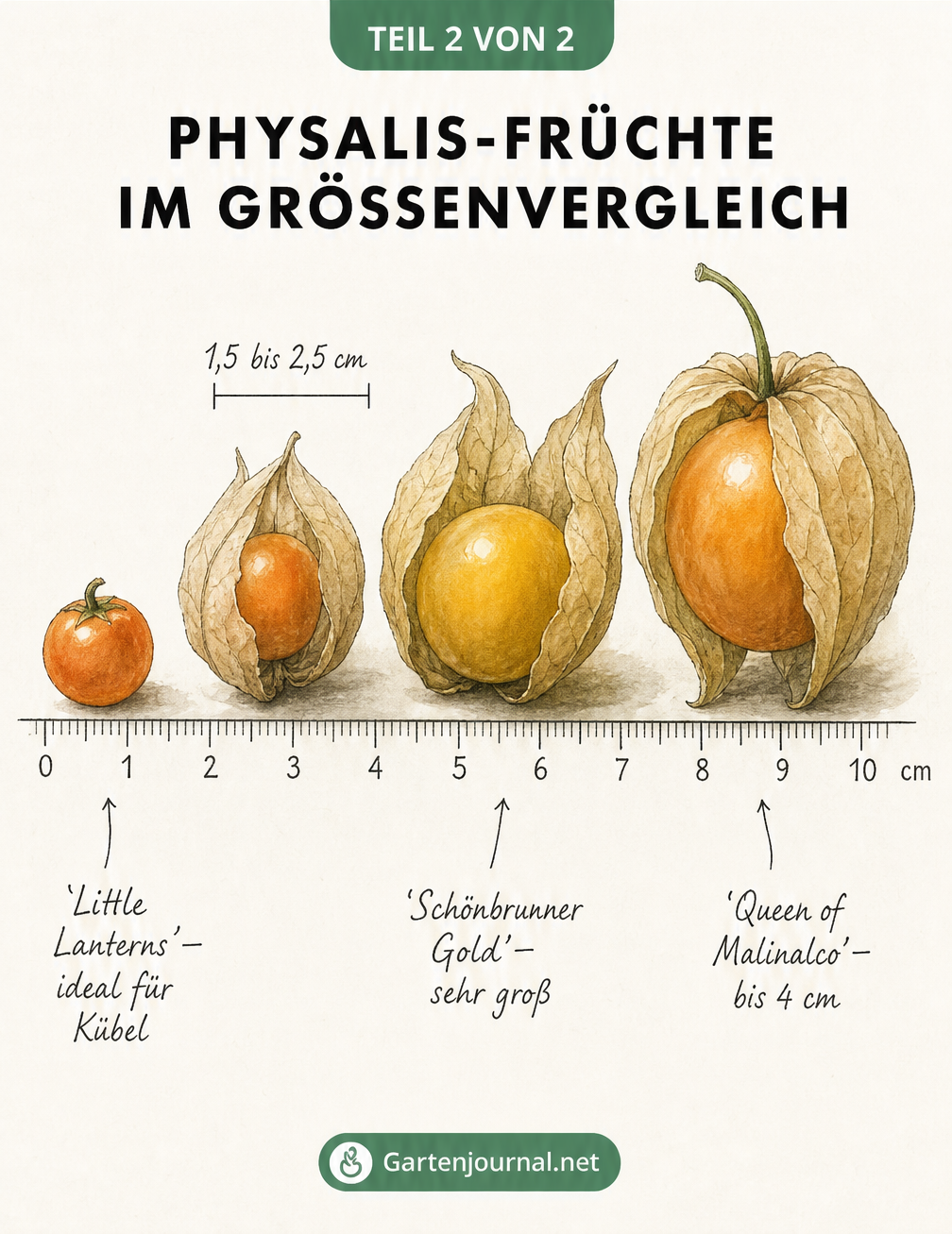 Aquarell-Zeichnung von vier Physalis-Früchten im Größenvergleich mit Lineal und Sortennamen
