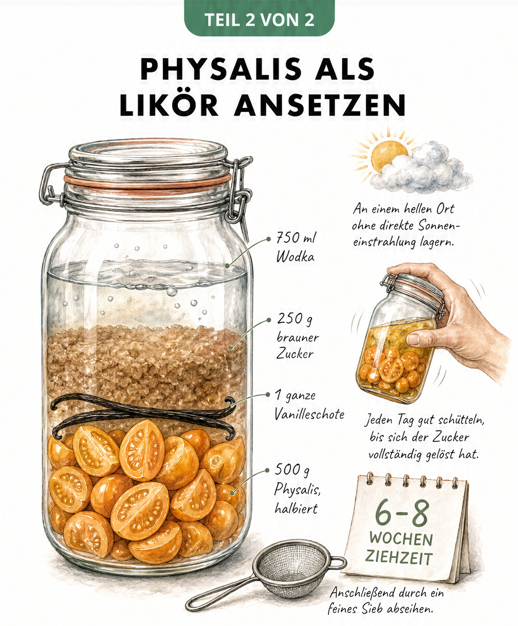 Illustration eines Bügelglases mit geschichteten Physalis, Vanilleschote, braunem Zucker und Wodka für Likör