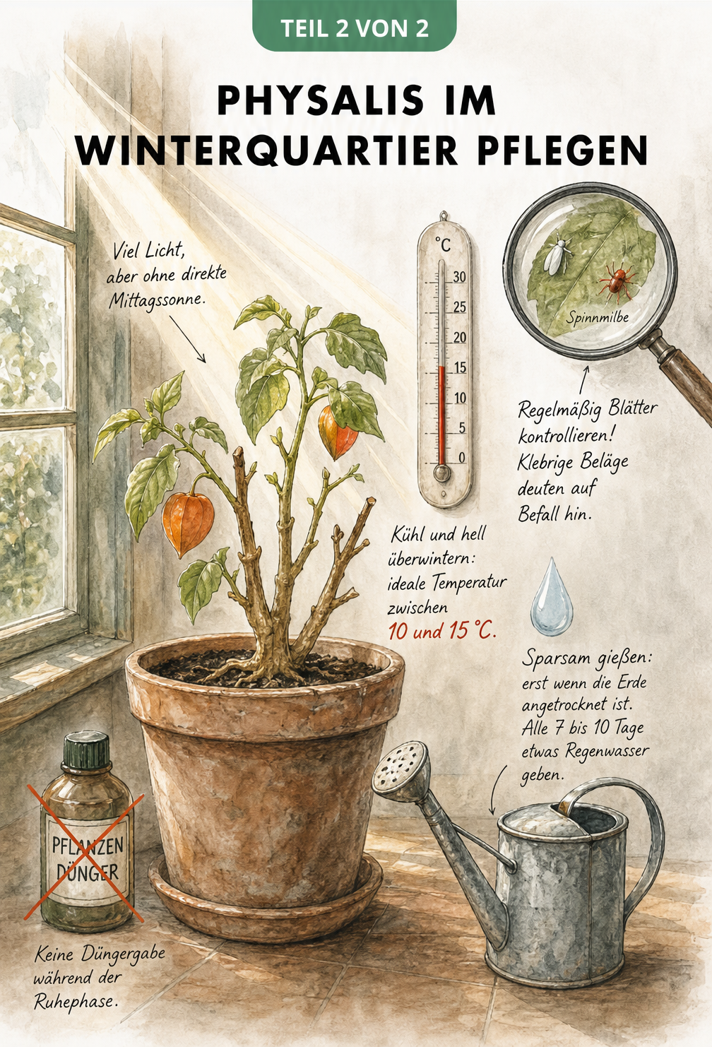 Aquarell-Illustration einer Physalis im Topf vor einem Fenster, mit Thermometer, Gießkanne und Hinweisen zur Schädlingskontrolle.