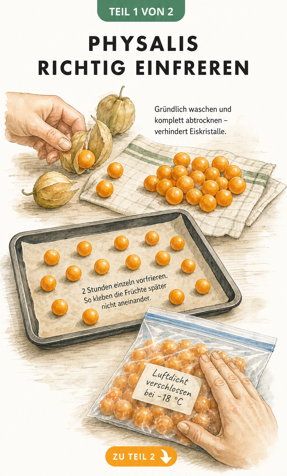Illustration einer Physalis, die geschält und auf einem Backblech zum Vorfrieren ausgelegt wird, bevor sie in einen Gefrierbeutel kommt.