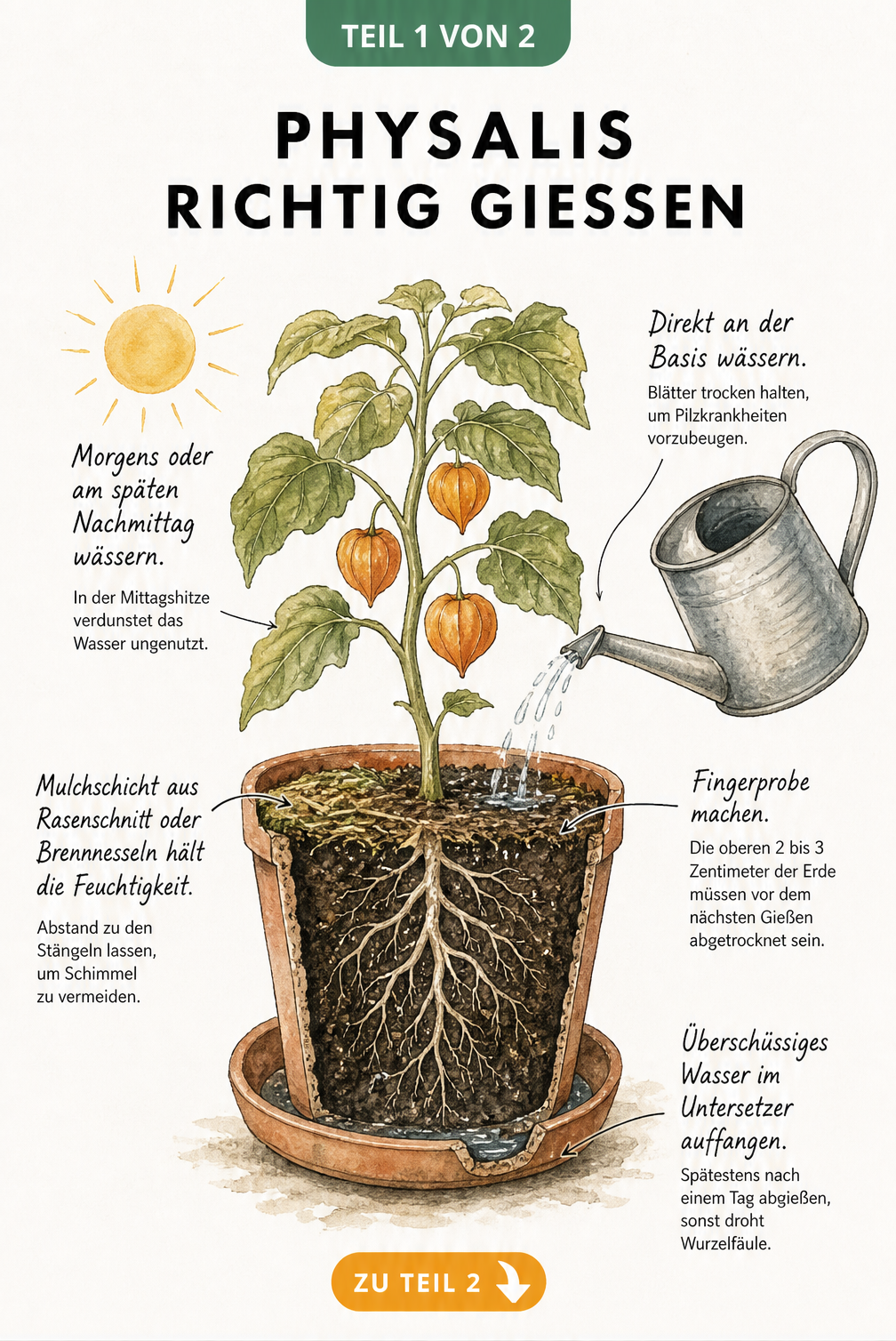 Botanische Illustration einer Physalis im Topf mit Hinweisen zum richtigen Gießen, wie Fingerprobe und Mulchschicht.