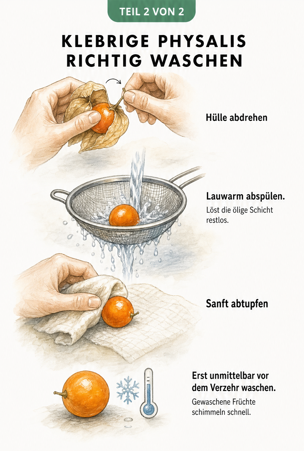 Illustration zum richtigen Waschen einer Physalis in drei Schritten: Hülle abdrehen, lauwarm abspülen und sanft abtupfen