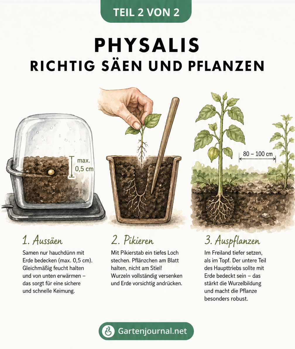 Drei Erd-Querschnitte zeigen die Aussaat, das Pikieren und das Auspflanzen von Physalis