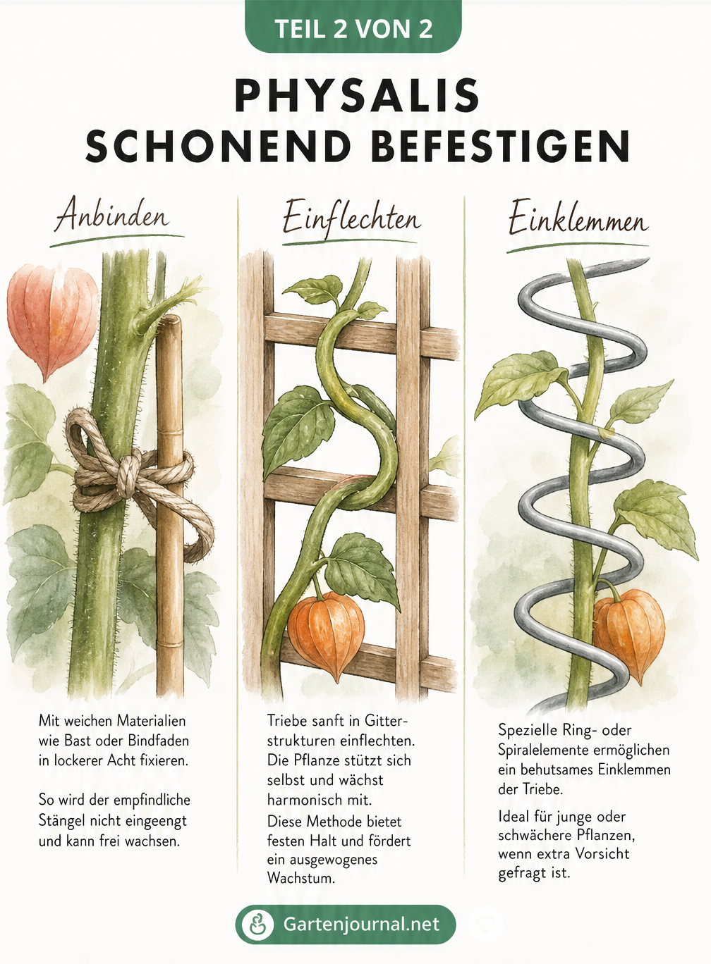 Detaillierte Zeichnung von drei schonenden Befestigungstechniken für Physalis: Anbinden mit Bastschnur, Einflechten in ein Holzrankgitter und Einklemmen in...