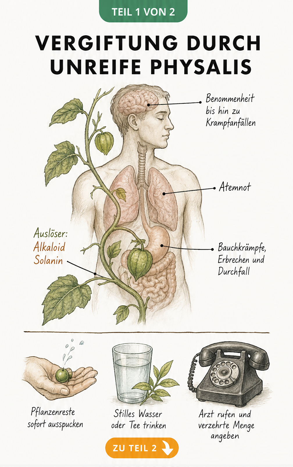 Medizinisch-botanische Skizze einer Physalispflanze am menschlichen Torso, die Symptome einer Solanin-Vergiftung wie Bauchkrämpfe und Atemnot sowie...