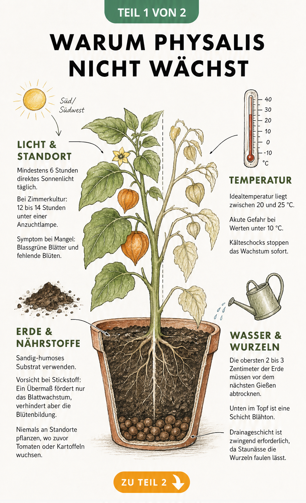 Botanische Illustration einer Physalispflanze im Topf, die zur Hälfte kräftig und zur Hälfte kümmerlich wächst, mit Hinweisen zu Licht, Temperatur, Erde und...