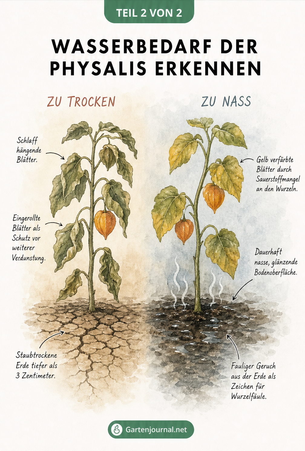 Illustration zweier Physalis-Zweige, die die Symptome von Trockenheit und Staunässe gegenüberstellen.