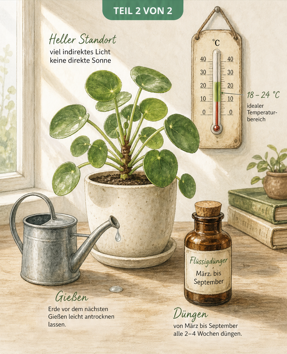 Illustration einer jungen Pilea-Pflanze auf einem Fensterbrett, die den idealen hellen Standort ohne direkte Sonne, die optimale Temperatur und die richtige...